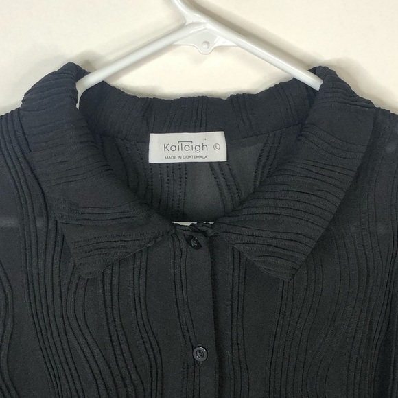 Kaileigh Black semi sheer textured button down collared long sleeve blouse sz L - Picture 2 of 9